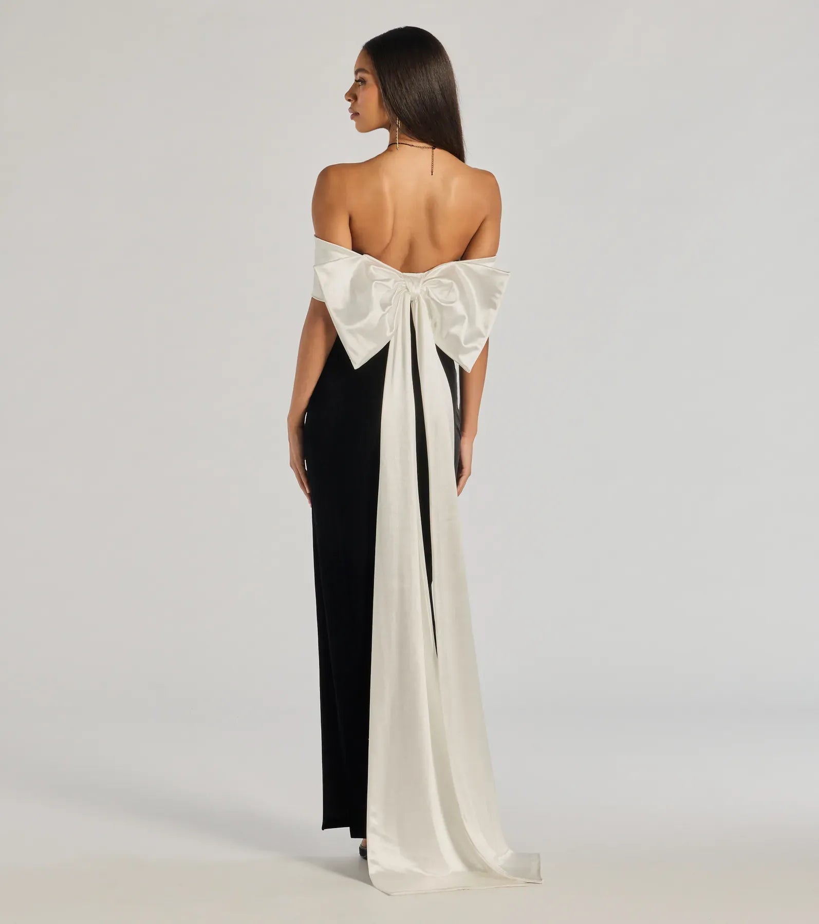 Off Shoulder White Satin Fold Collar Large Bow Back Black Velvet High Slit Mermaid Maxi Wedding Guest Dress