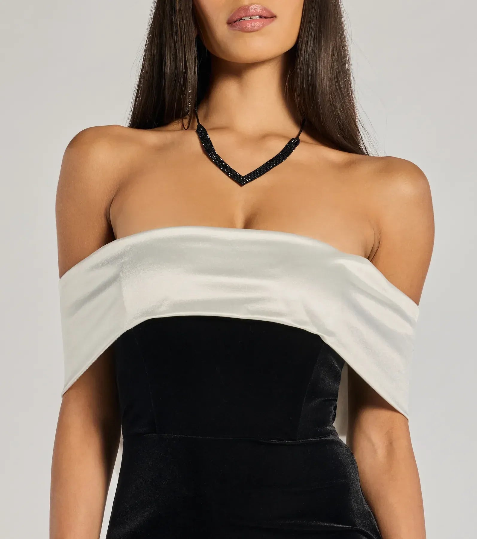 Off Shoulder White Satin Fold Collar Large Bow Back Black Velvet High Slit Mermaid Maxi Wedding Guest Dress