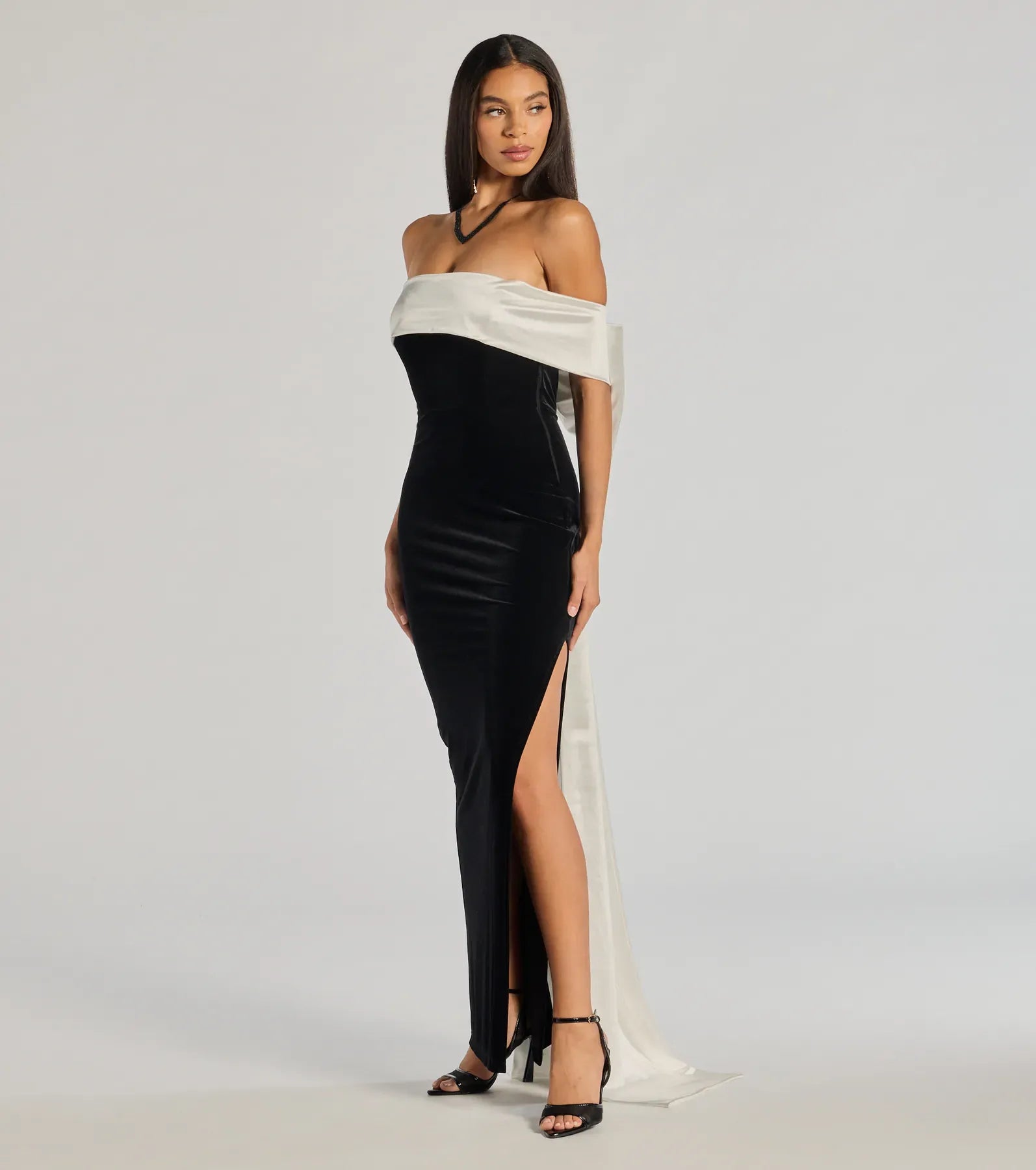 Off Shoulder White Satin Fold Collar Large Bow Back Black Velvet High Slit Mermaid Maxi Wedding Guest Dress
