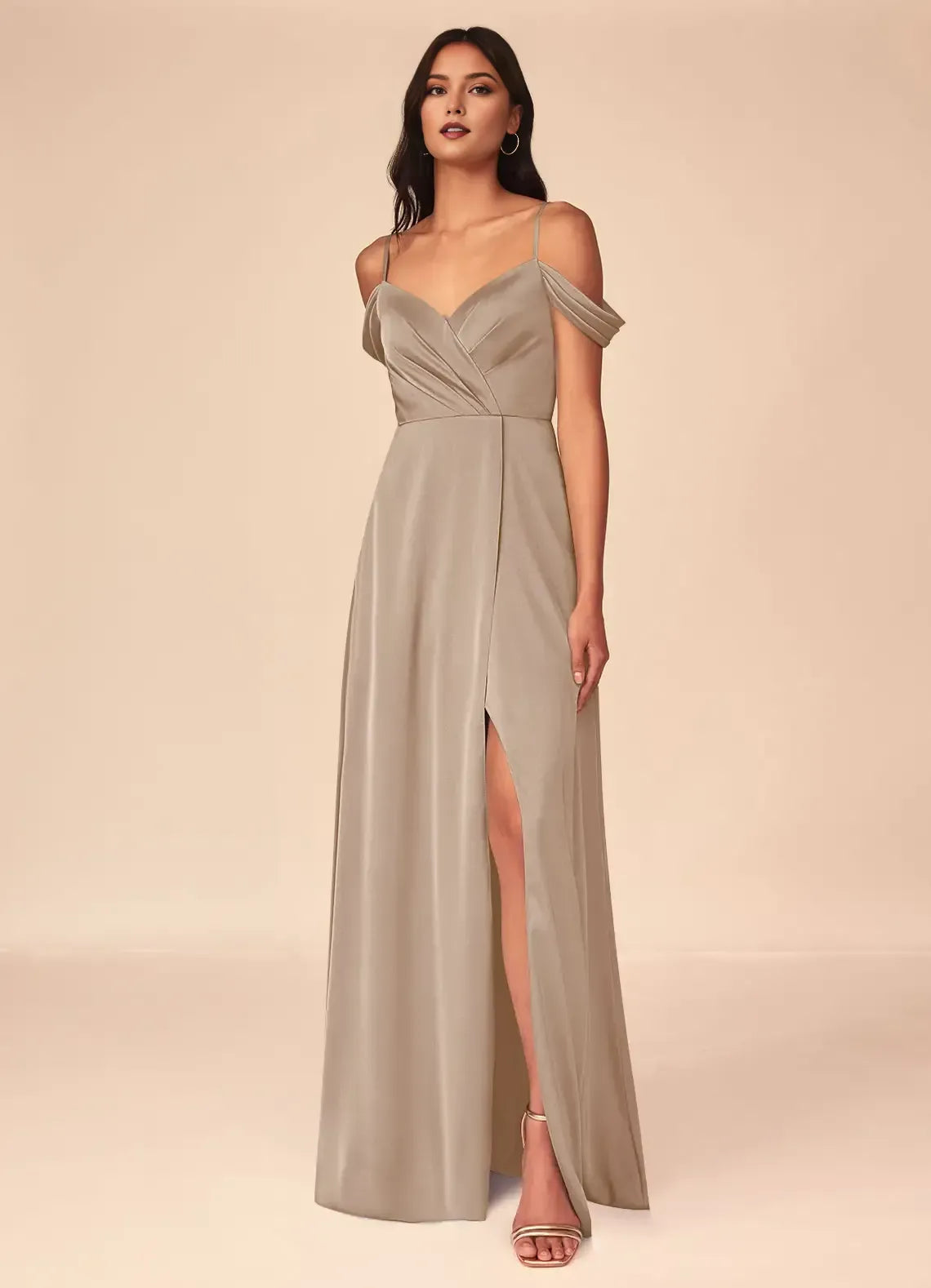 Off Shoulder Wrap High Slit A Line Satin Long Bridesmaid Dress