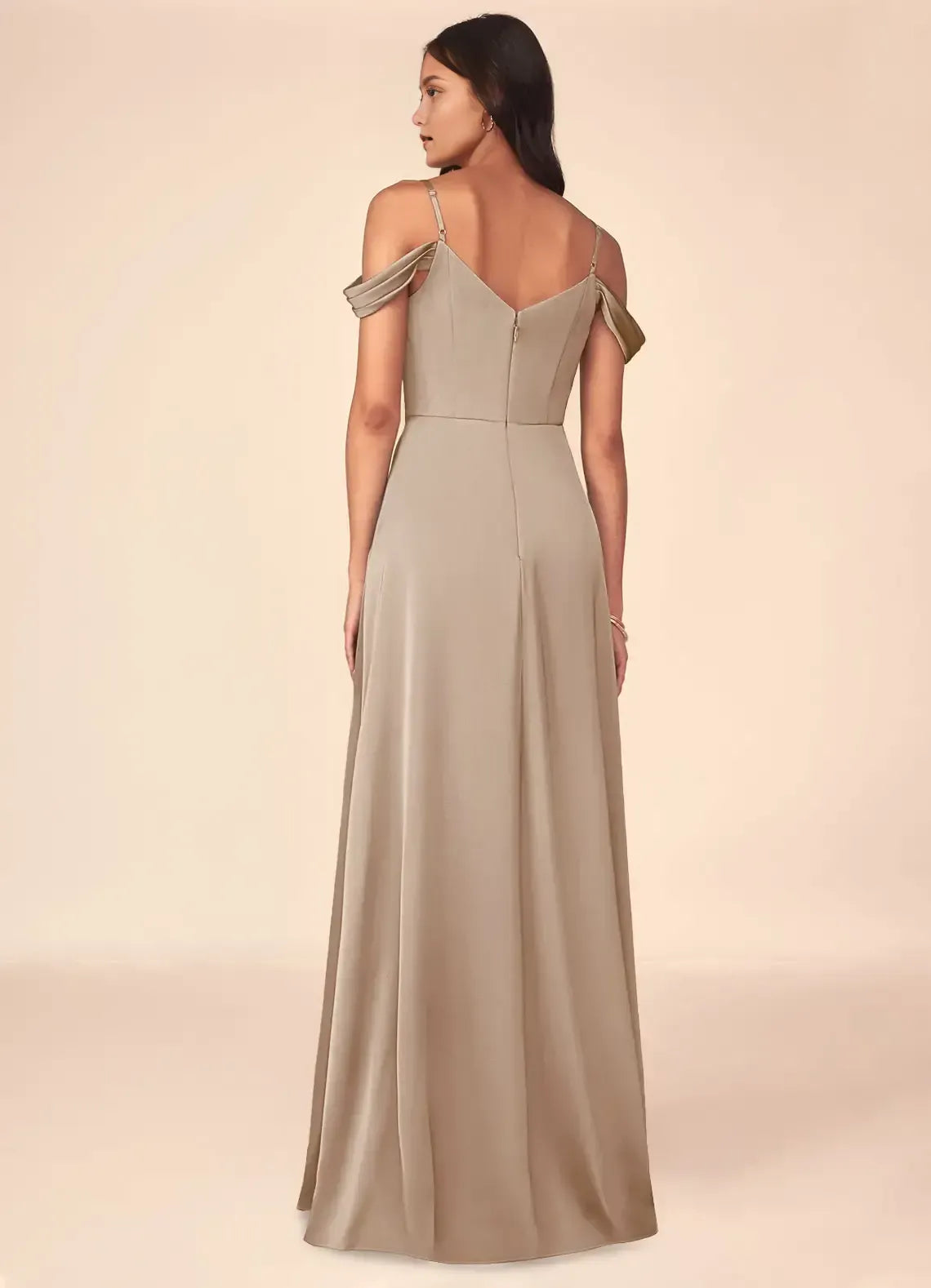 Off Shoulder Wrap High Slit A Line Satin Long Bridesmaid Dress