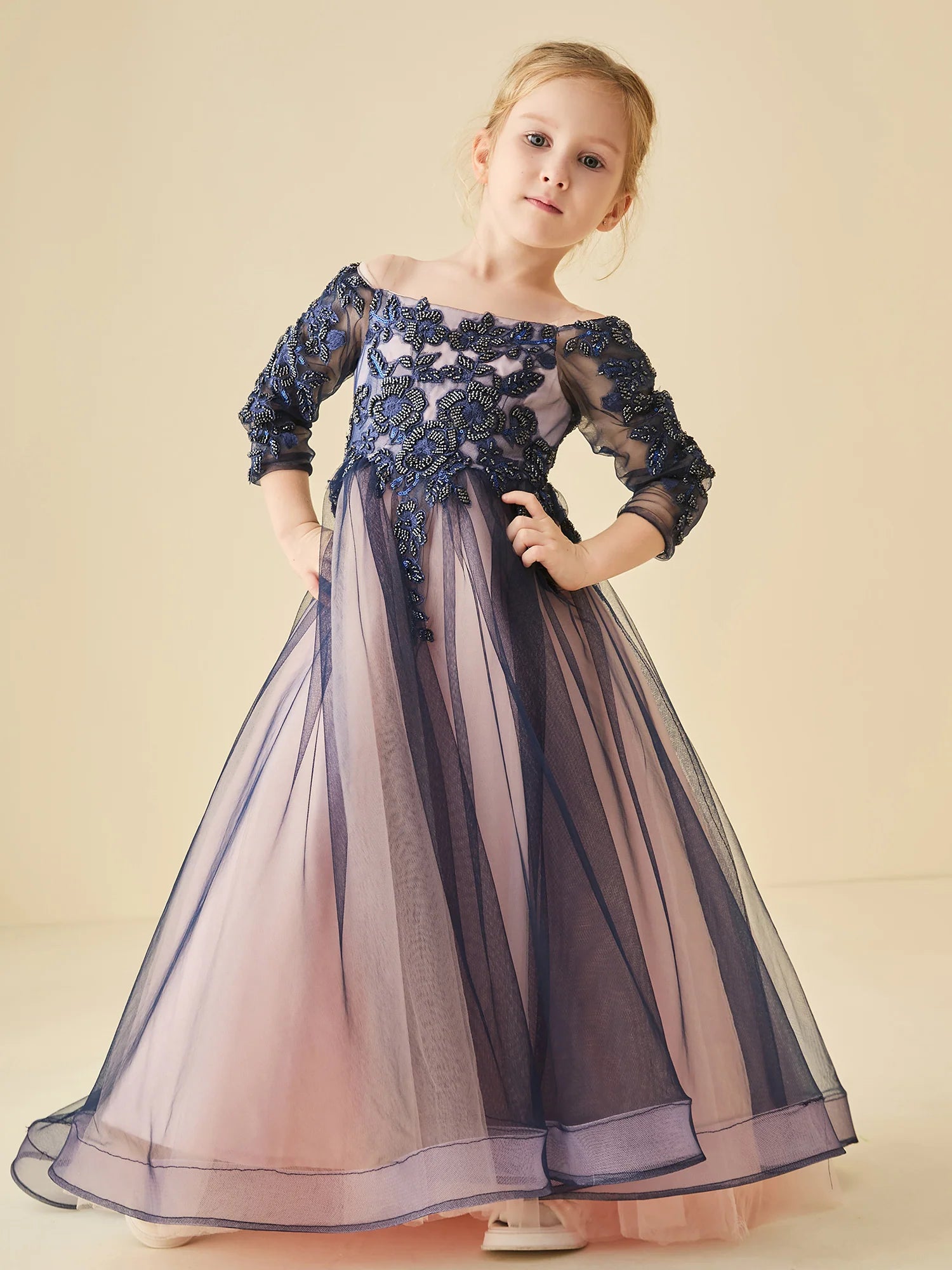 Off The Shoulder 3/4 Sleeve Navy Beaded Floral Lace Two Tone Tulle Floor Length Flower Girl Dresses