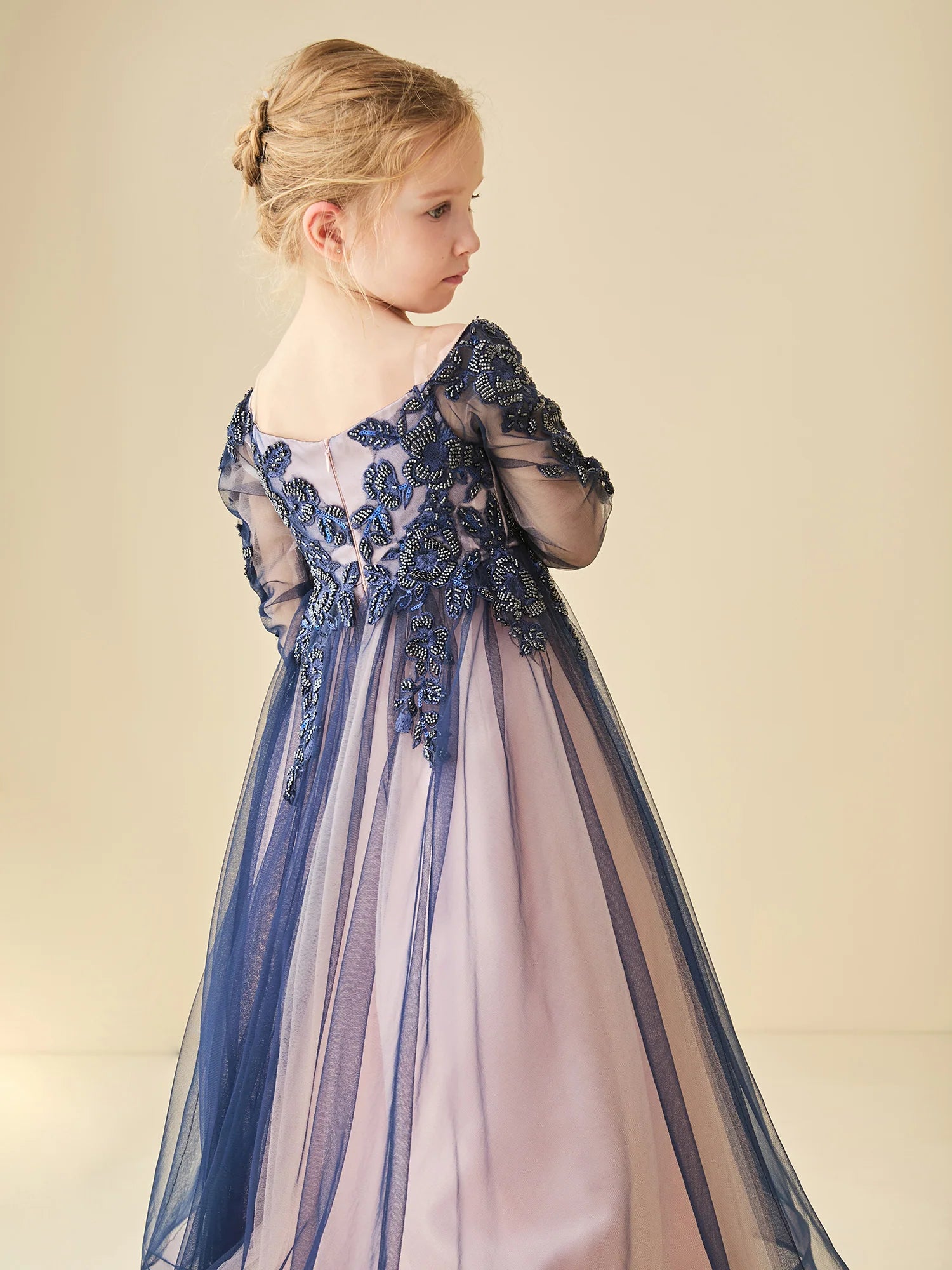 Off The Shoulder 3/4 Sleeve Navy Beaded Floral Lace Two Tone Tulle Floor Length Flower Girl Dresses