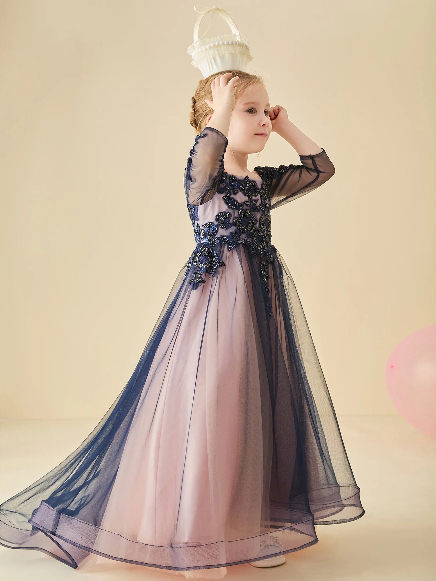Off The Shoulder 3/4 Sleeve Navy Beaded Floral Lace Two Tone Tulle Floor Length Flower Girl Dresses