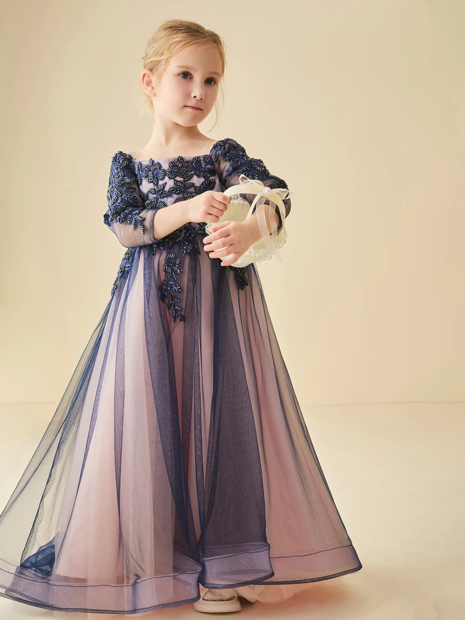 Off The Shoulder 3/4 Sleeve Navy Beaded Floral Lace Two Tone Tulle Floor Length Flower Girl Dresses