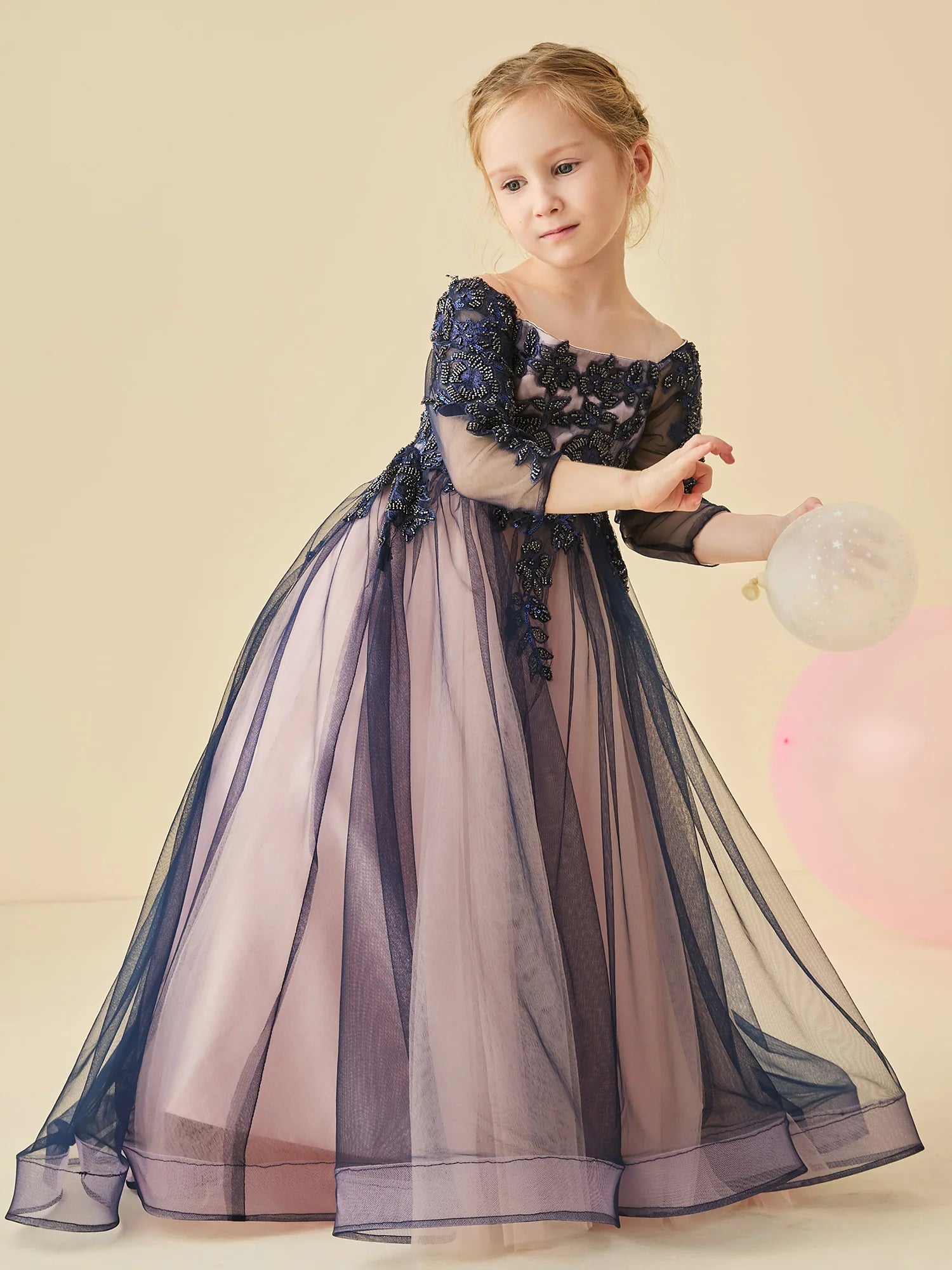 Off The Shoulder 3/4 Sleeve Navy Beaded Floral Lace Two Tone Tulle Floor Length Flower Girl Dresses