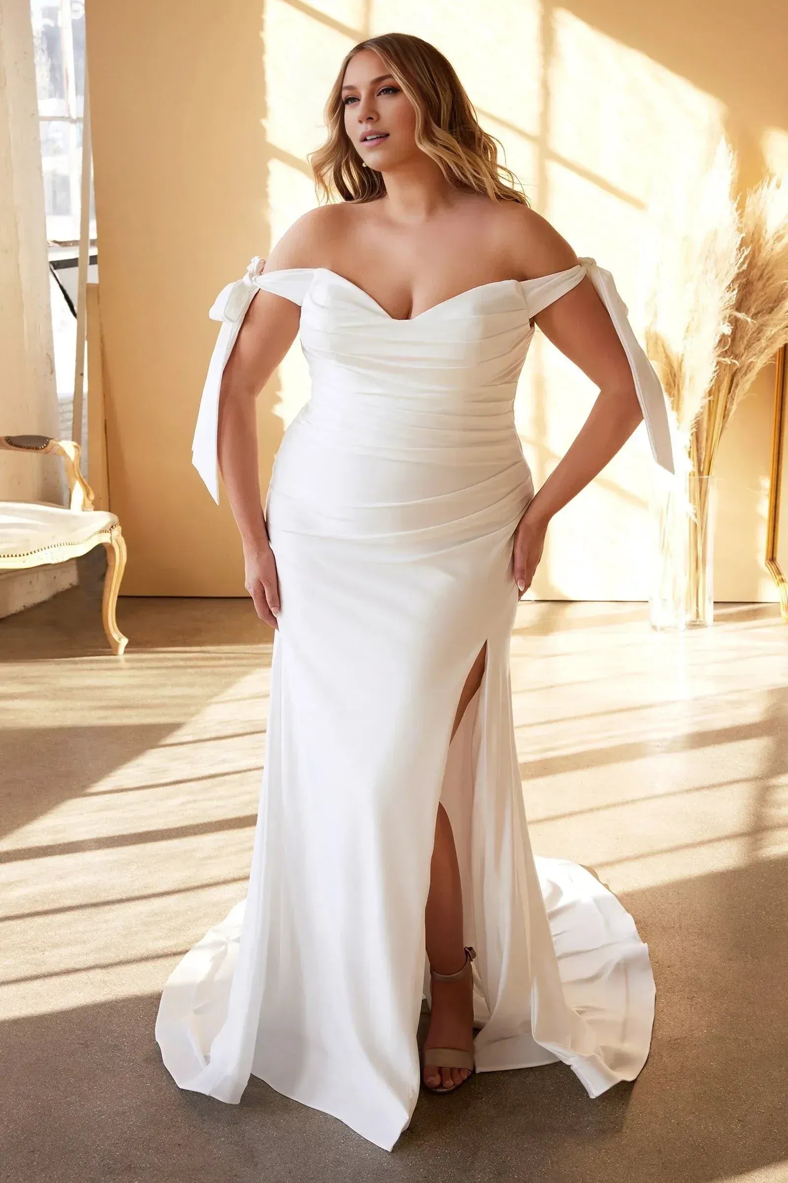 Off The Shoulder Bow Strap Side Slit Ruched Mermaid Plus Size Satin Wedding Dress