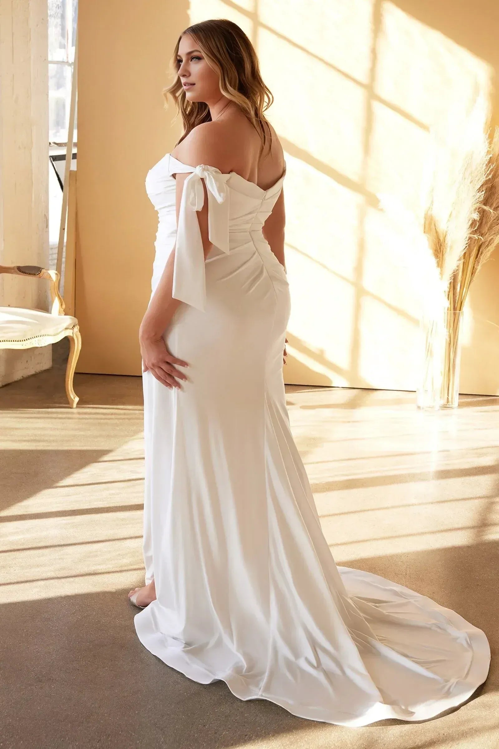 Off The Shoulder Bow Strap Side Slit Ruched Mermaid Plus Size Satin Wedding Dress