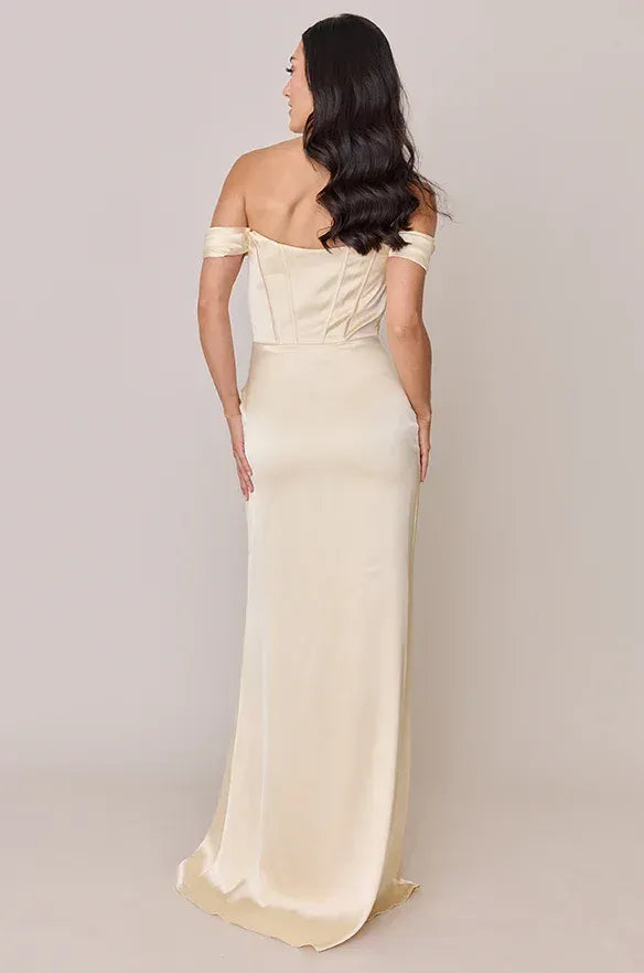 Off The Shoulder Corset Waist Ruched High Slit Mermaid Satin Long Bridesmaid Dress