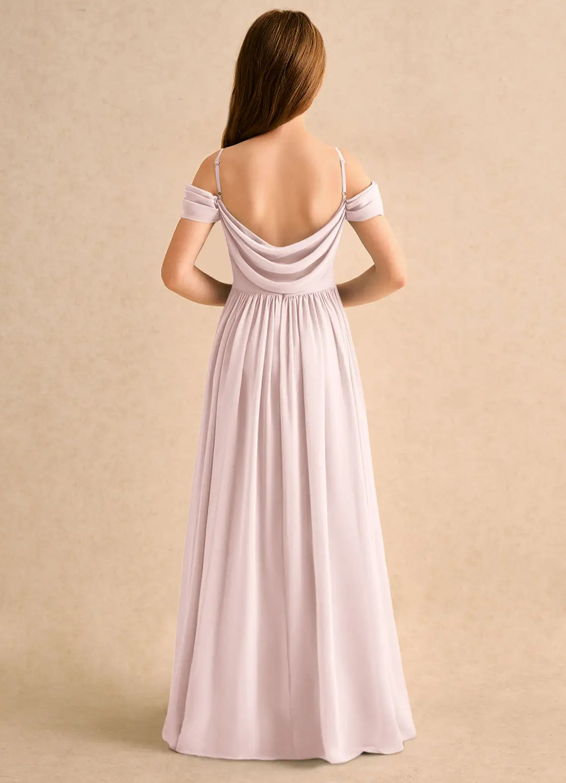 Off-The-Shoulder Cowl Back Pale Lavender Chiffon Full-Length Junior Bridesmaid Dresses