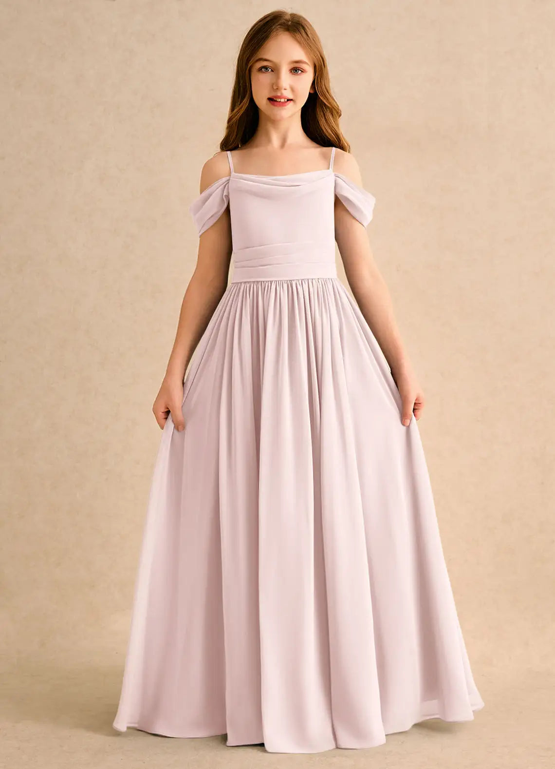 Off-The-Shoulder Cowl Back Pale Lavender Chiffon Full-Length Junior Bridesmaid Dresses