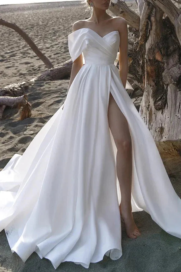 Off The Shoulder Draped Fold Big Bow Back High Slit A Line Satin Simple Wedding Dress