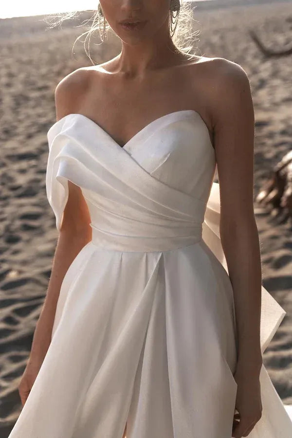 Off The Shoulder Draped Fold Big Bow Back High Slit A Line Satin Simple Wedding Dress