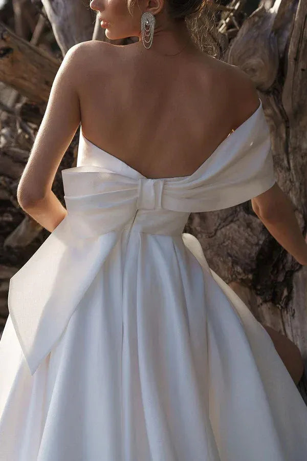 Off The Shoulder Draped Fold Big Bow Back High Slit A Line Satin Simple Wedding Dress