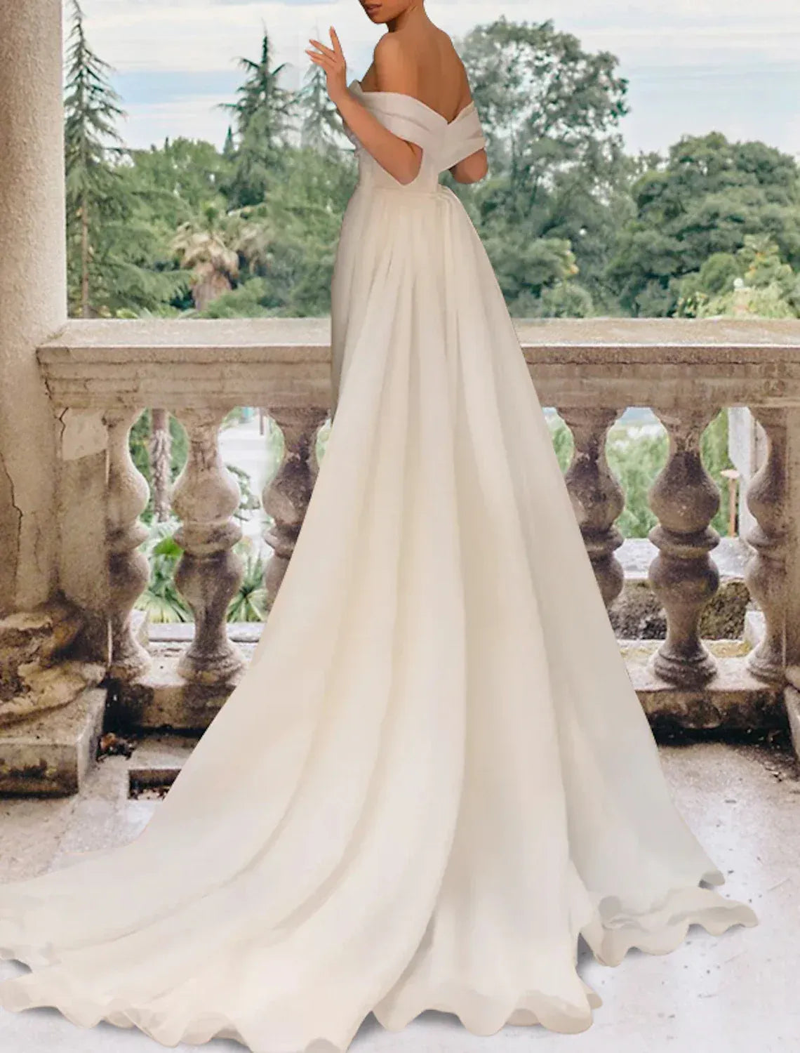 Off‑The‑Shoulder Draped Satin Mermaid Wedding Dress With Overskirt & High Slit