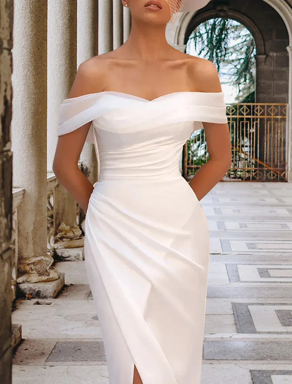 Off‑The‑Shoulder Draped Satin Mermaid Wedding Dress With Overskirt & High Slit