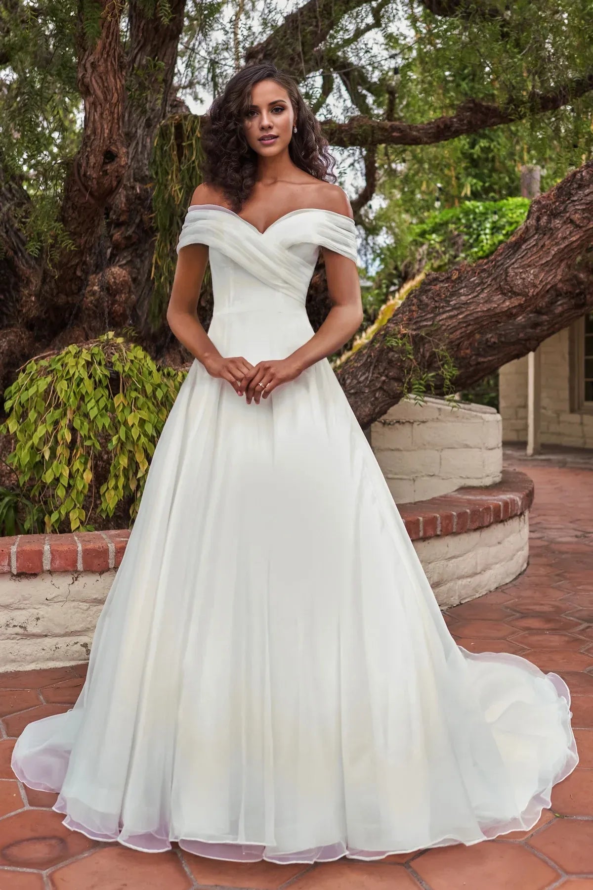 Off‑The‑Shoulder Draped‑Sweetheart Tulle A‑Line Wedding Dress With Pearl‑Button‑Back Detail