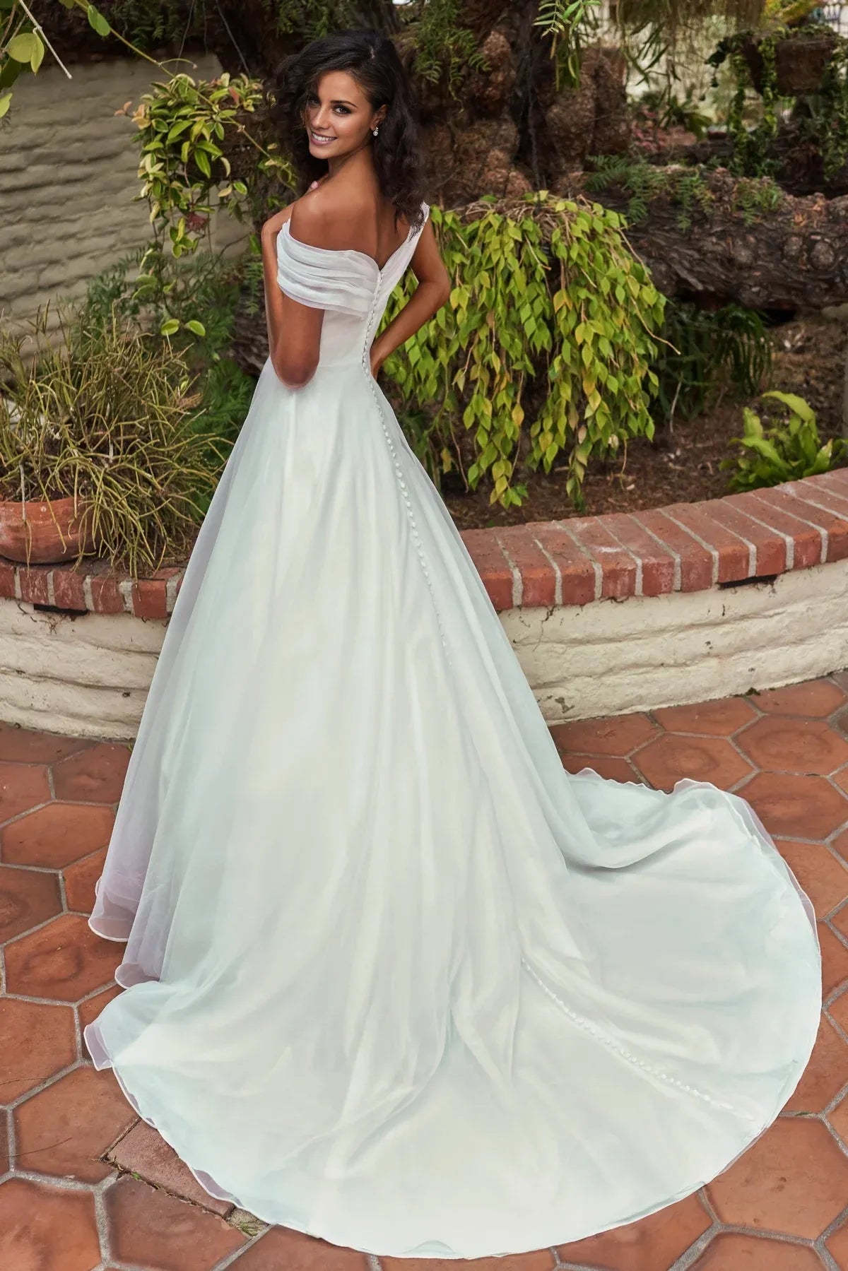 Off‑The‑Shoulder Draped‑Sweetheart Tulle A‑Line Wedding Dress With Pearl‑Button‑Back Detail
