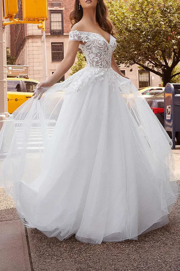 Off The Shoulder Floral Lace Applique Sheer Back Tulle Ballgown Wedding Dress