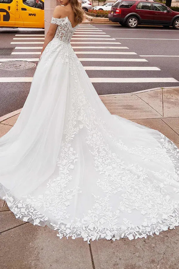 Off The Shoulder Floral Lace Applique Sheer Back Tulle Ballgown Wedding Dress