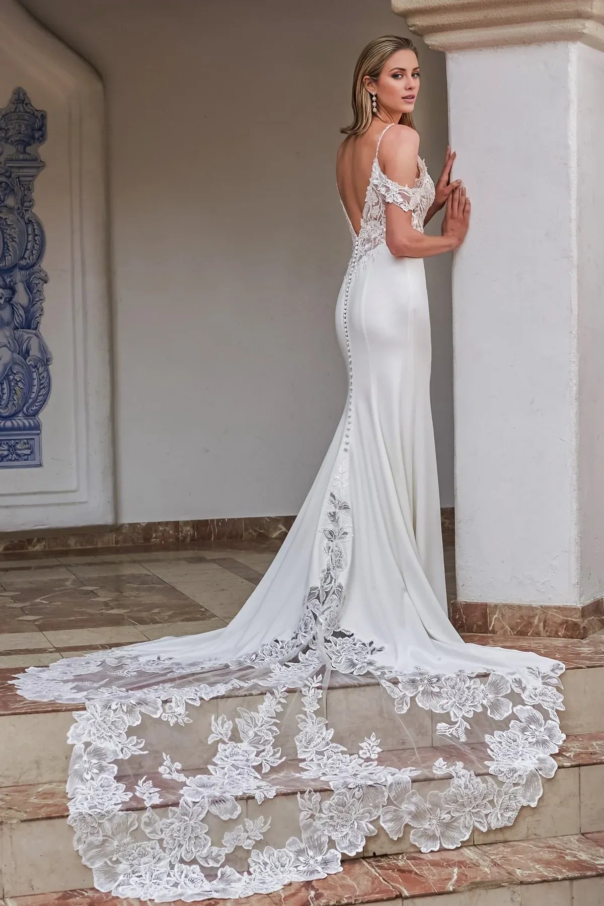 Off‑The‑Shoulder Floral‑Lace Crepe Mermaid Wedding Dress With Appliqué‑Train Detail