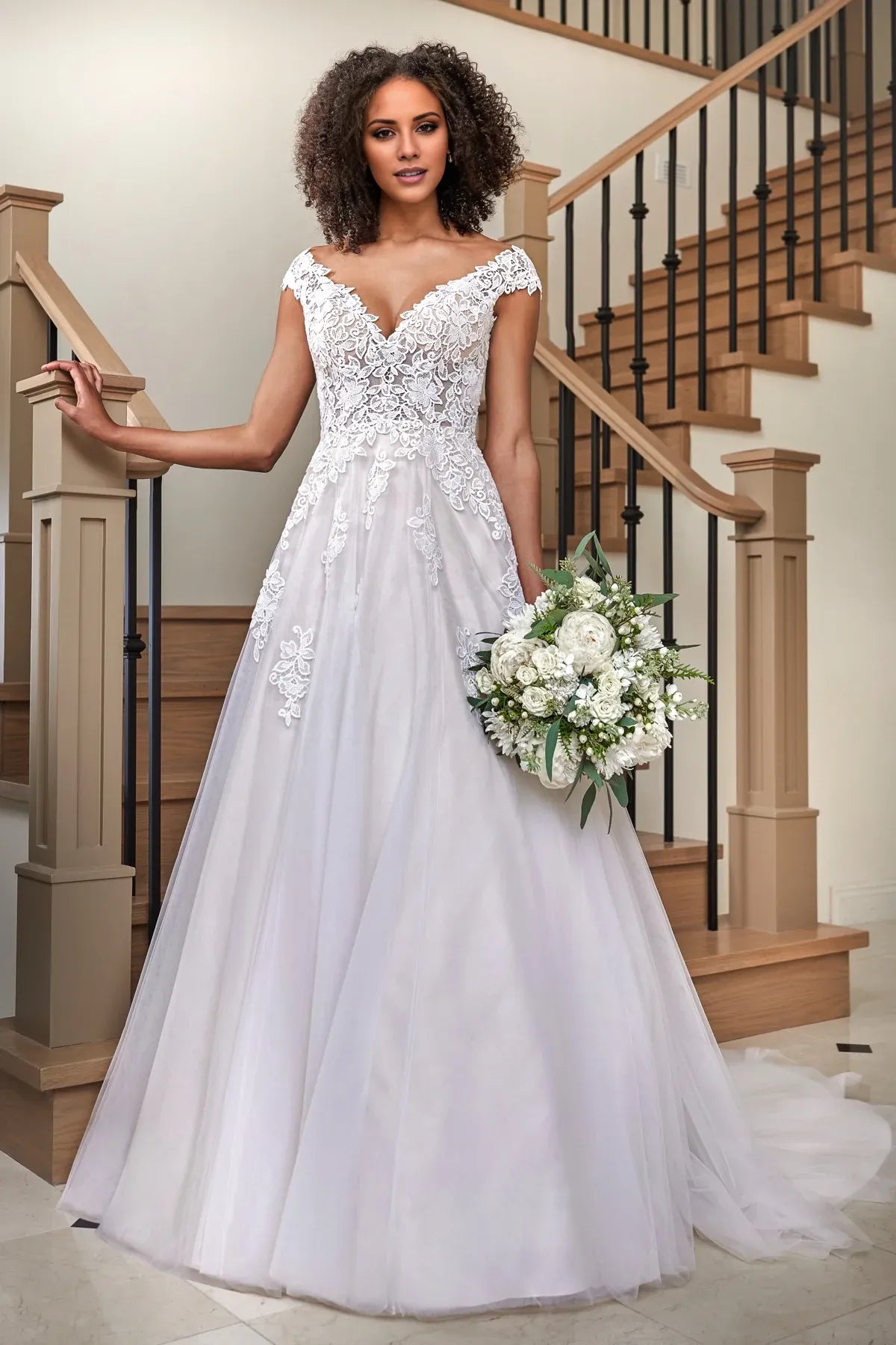 Off‑The‑Shoulder Floral‑Lace Tulle A‑Line Wedding Dress With Corset‑Back Detail