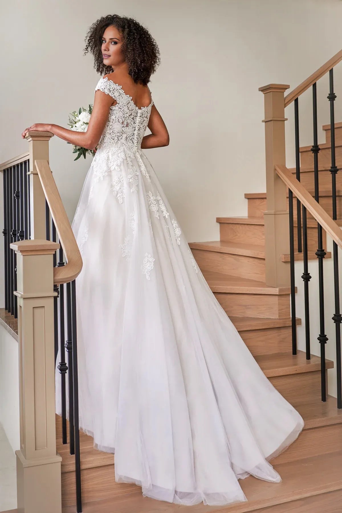 Off‑The‑Shoulder Floral‑Lace Tulle A‑Line Wedding Dress With Corset‑Back Detail