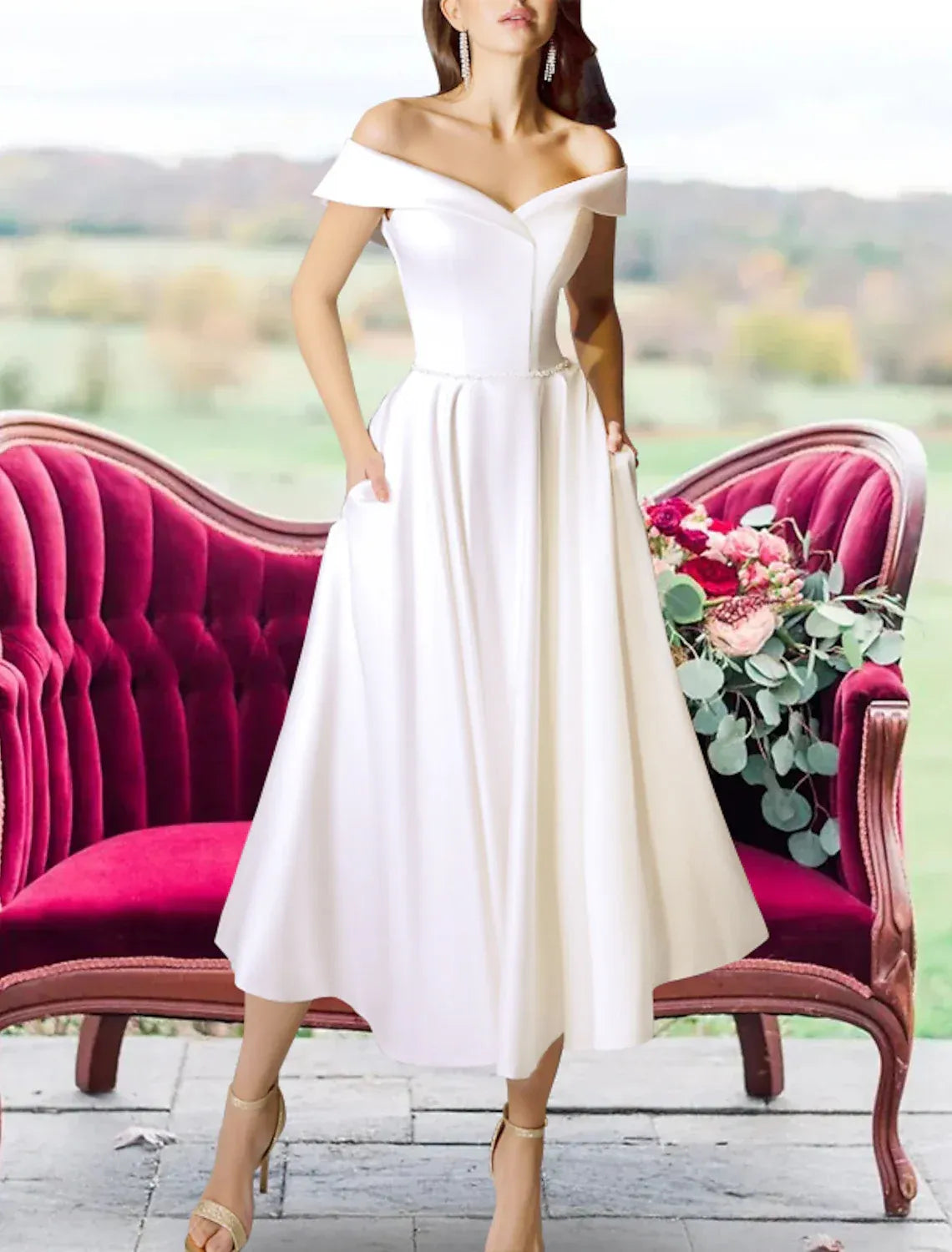 Off The Shoulder Fold Satin Midi Wedding Dress Beaded Waist Hidden Pockets Tea Length Skirt