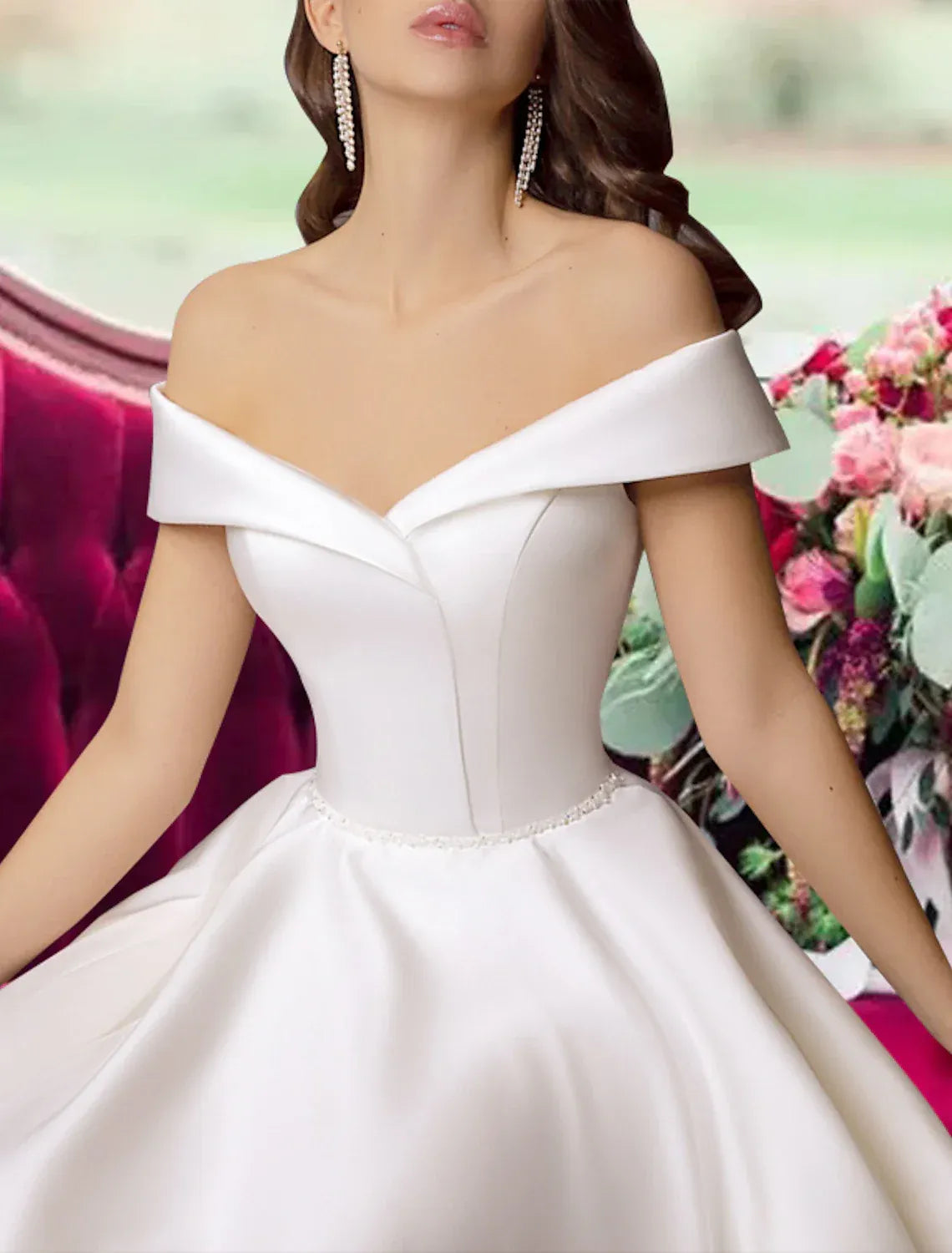 Off The Shoulder Fold Satin Midi Wedding Dress Beaded Waist Hidden Pockets Tea Length Skirt
