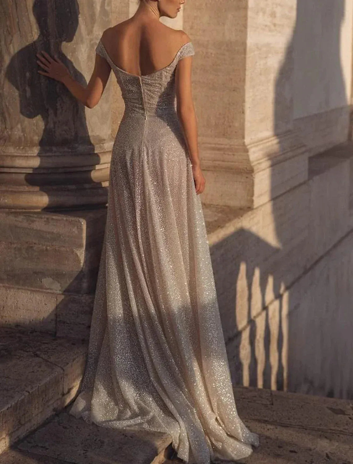Off The Shoulder Glitter Tulle A Line Wedding Dress High Slit Open Back Chapel Train