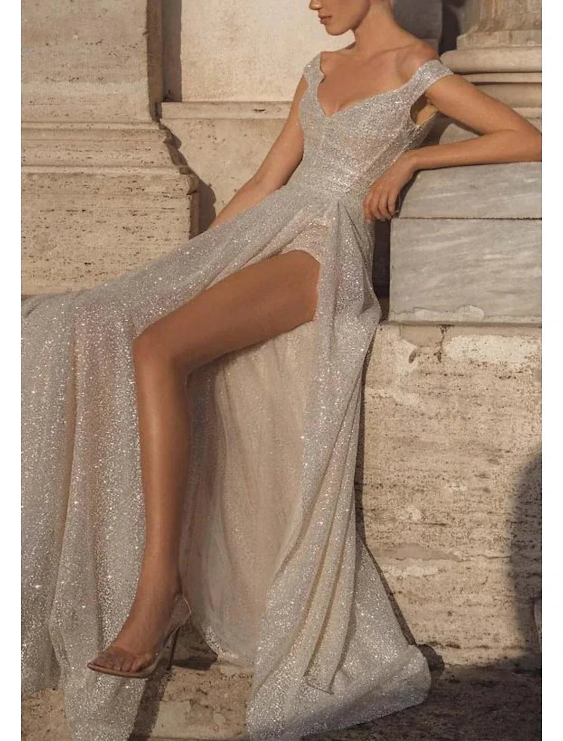 Off The Shoulder Glitter Tulle A Line Wedding Dress High Slit Open Back Chapel Train