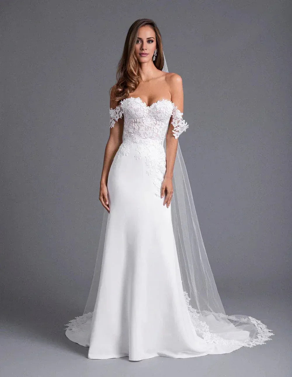 Off‑The‑Shoulder Lace‑Bodice Crepe Mermaid Wedding Dress With Button‑Back Detail