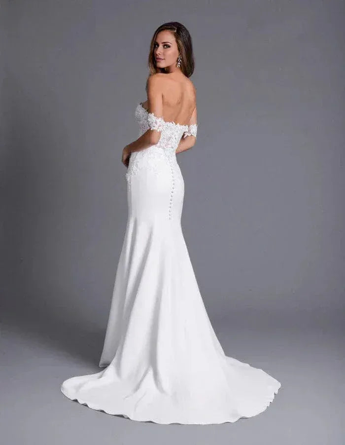 Off‑The‑Shoulder Lace‑Bodice Crepe Mermaid Wedding Dress With Button‑Back Detail
