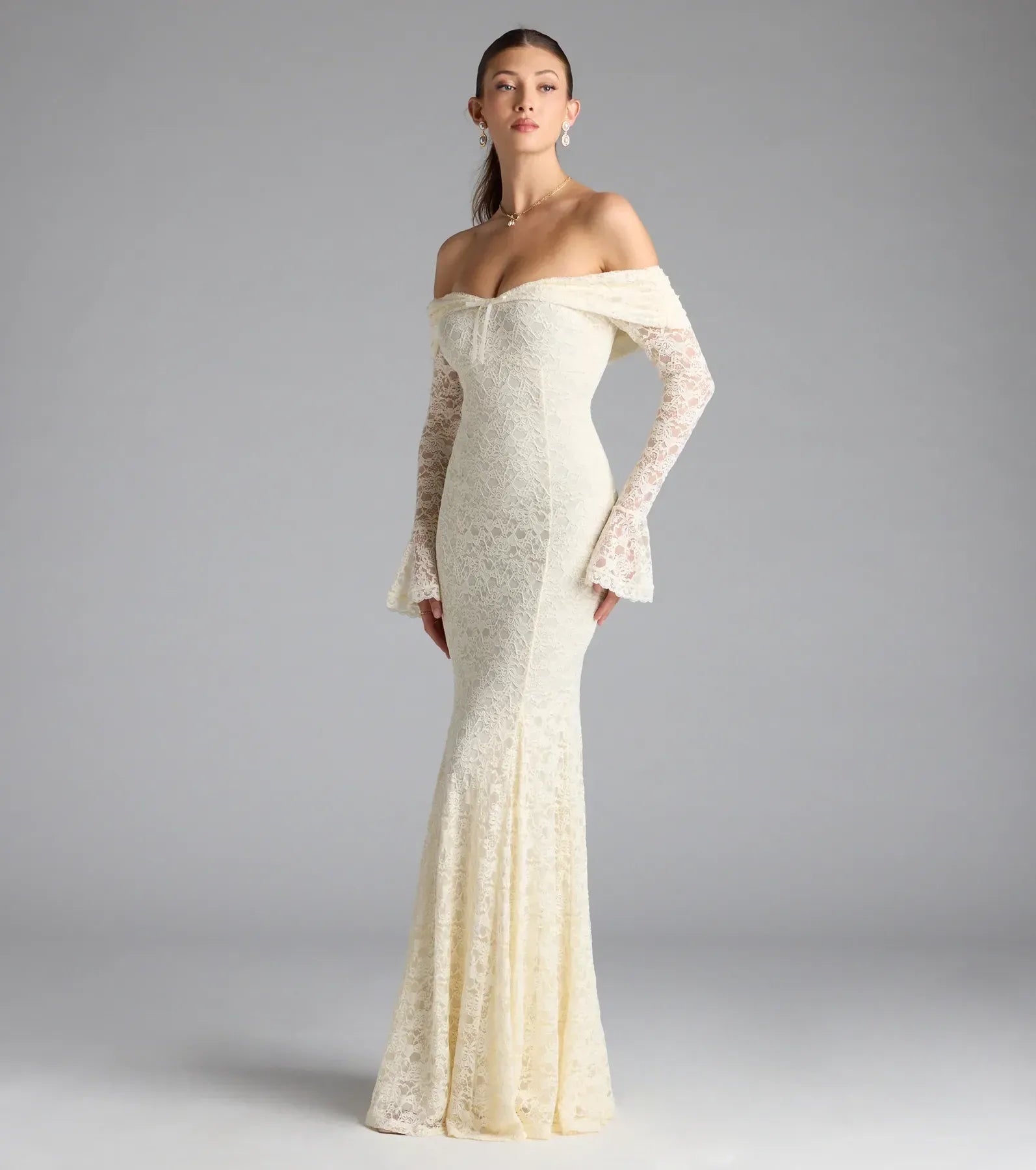 Off The Shoulder Long Flare Sleeve Mini Bow Lace Mermaid Maxi Wedding Guest Dress