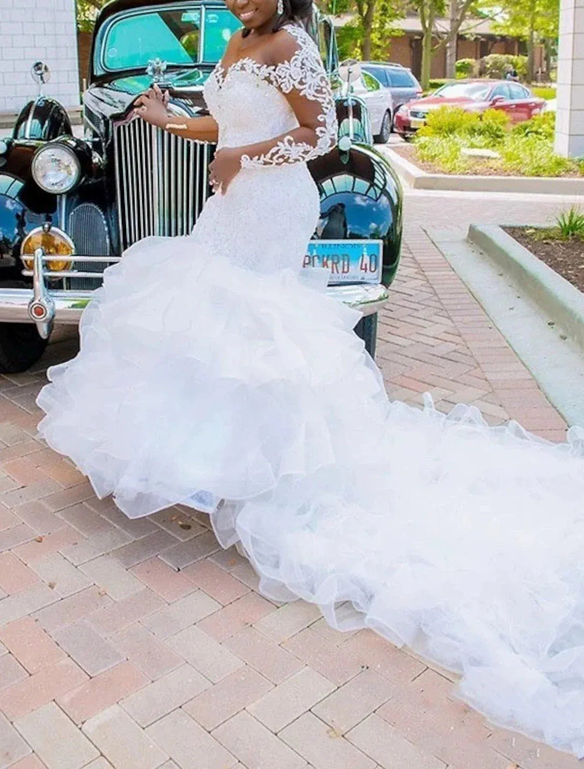 Off The Shoulder Long Lace Sleeve Plus Size Mermaid Multi Layer Ruffle Tulle Cathedral Train Wedding Dress