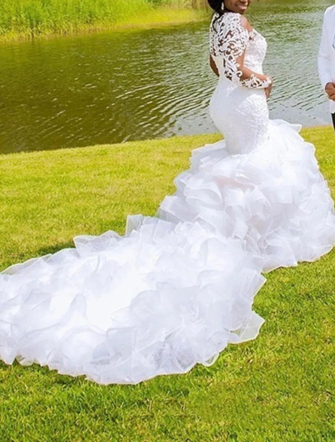 Off The Shoulder Long Lace Sleeve Plus Size Mermaid Multi Layer Ruffle Tulle Cathedral Train Wedding Dress