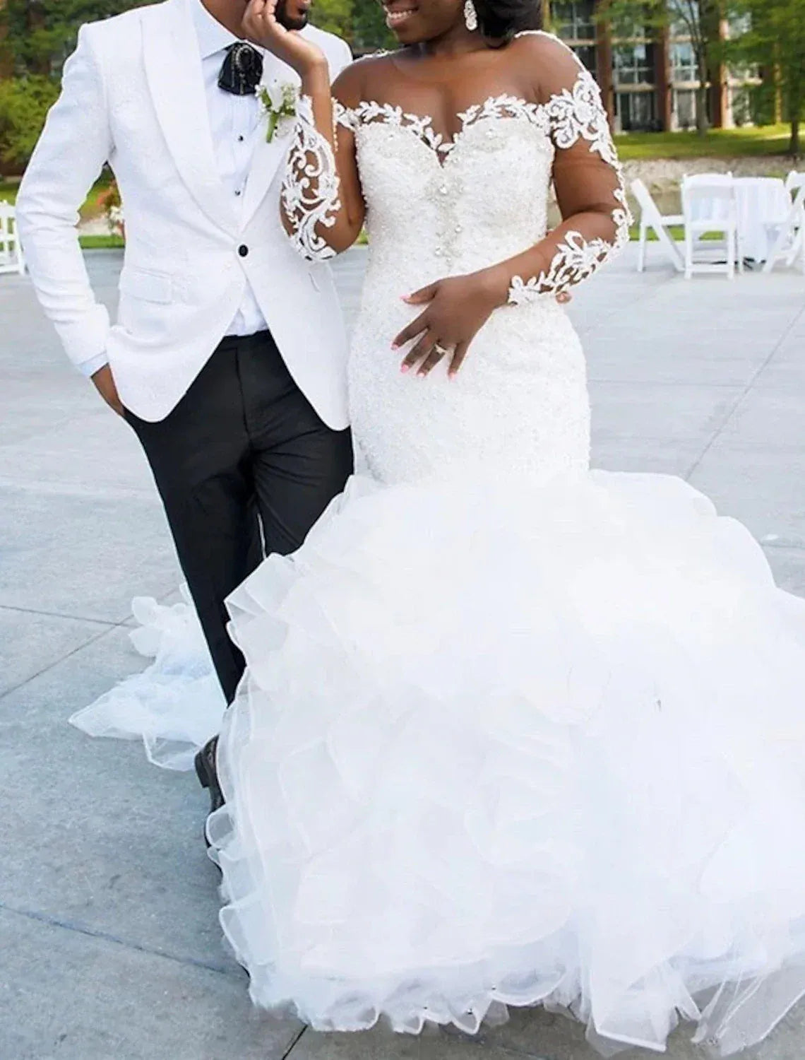 Off The Shoulder Long Lace Sleeve Plus Size Mermaid Multi Layer Ruffle Tulle Cathedral Train Wedding Dress