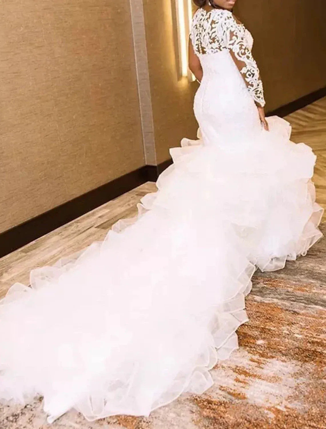 Off The Shoulder Long Lace Sleeve Plus Size Mermaid Multi Layer Ruffle Tulle Cathedral Train Wedding Dress