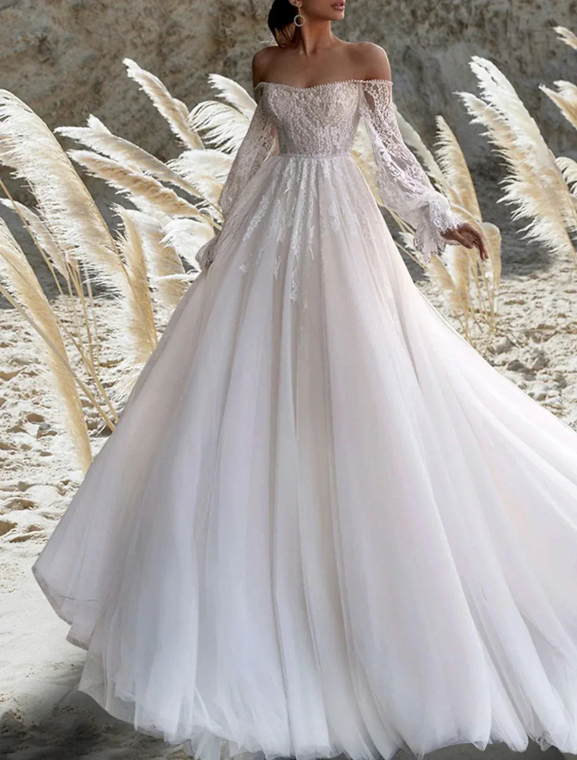Off‑The‑Shoulder Long‑Puff‑Sleeve Lace Tulle Ball‑Gown Wedding Dress With Pearl Trim