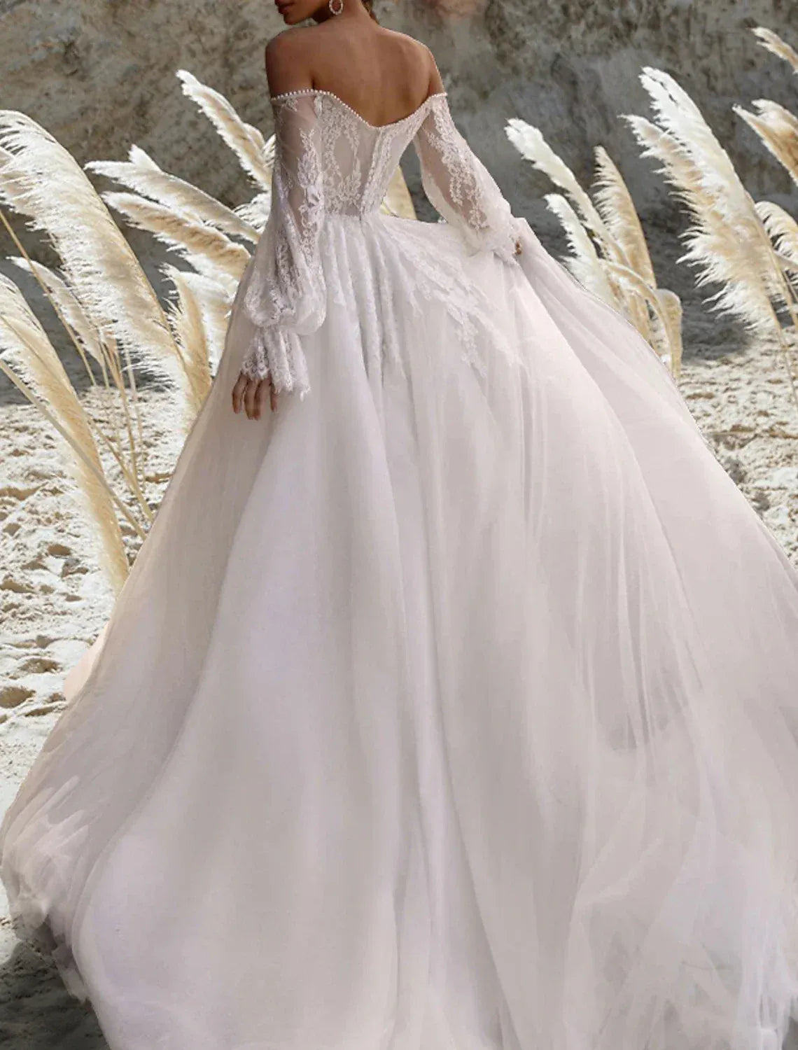 Off‑The‑Shoulder Long‑Puff‑Sleeve Lace Tulle Ball‑Gown Wedding Dress With Pearl Trim