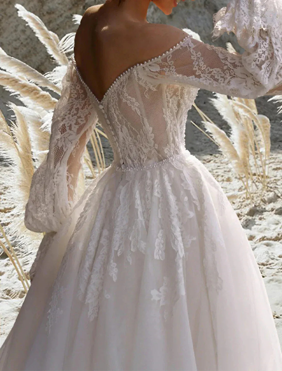 Off‑The‑Shoulder Long‑Puff‑Sleeve Lace Tulle Ball‑Gown Wedding Dress With Pearl Trim