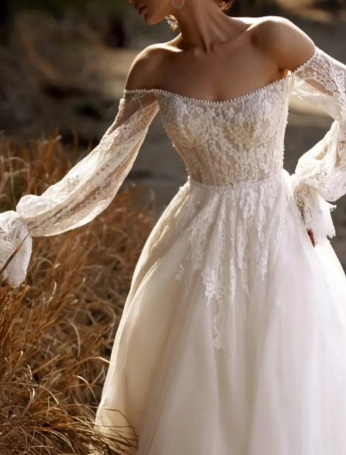 Off‑The‑Shoulder Long‑Puff‑Sleeve Lace Tulle Ball‑Gown Wedding Dress With Pearl Trim