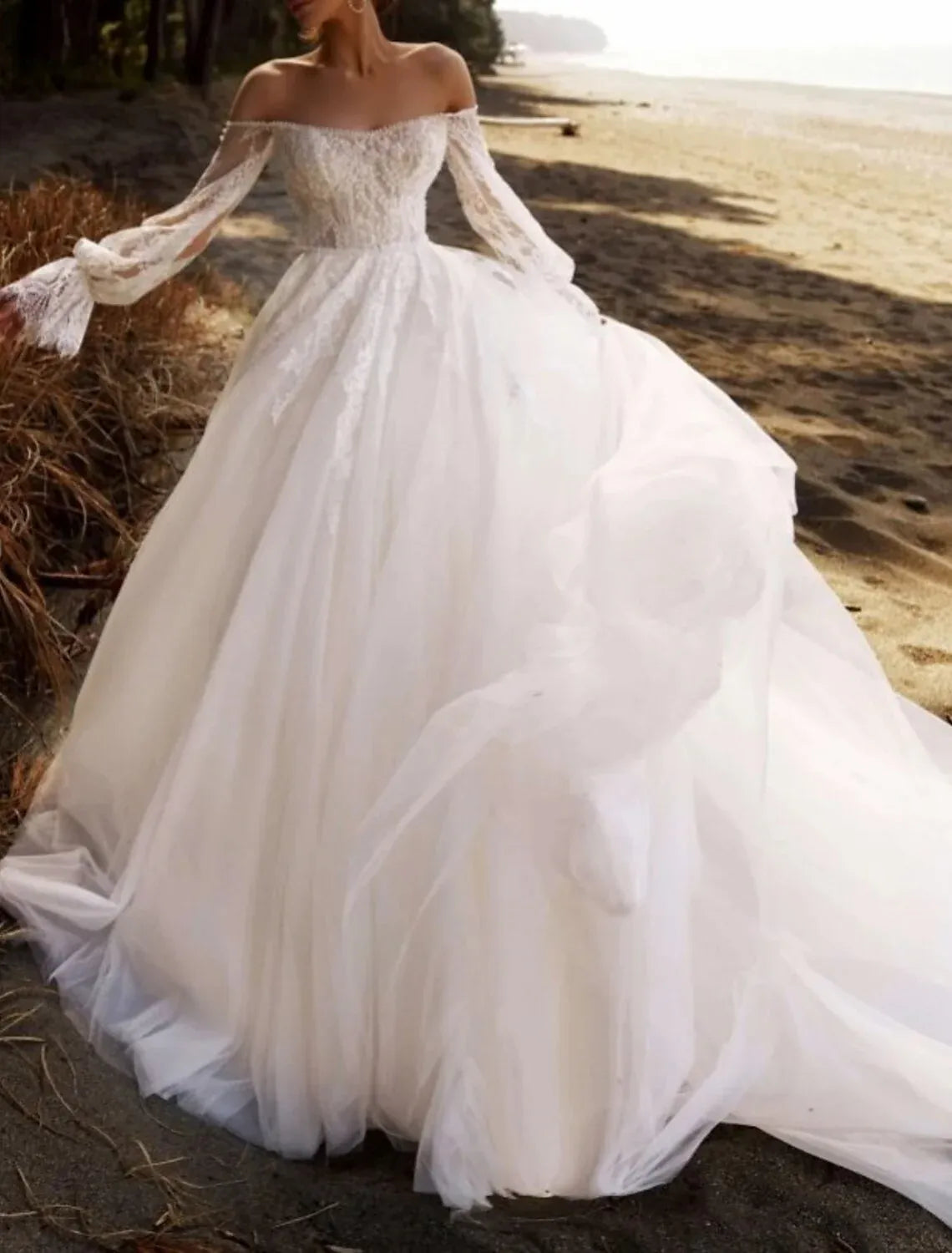 Off‑The‑Shoulder Long‑Puff‑Sleeve Lace Tulle Ball‑Gown Wedding Dress With Pearl Trim