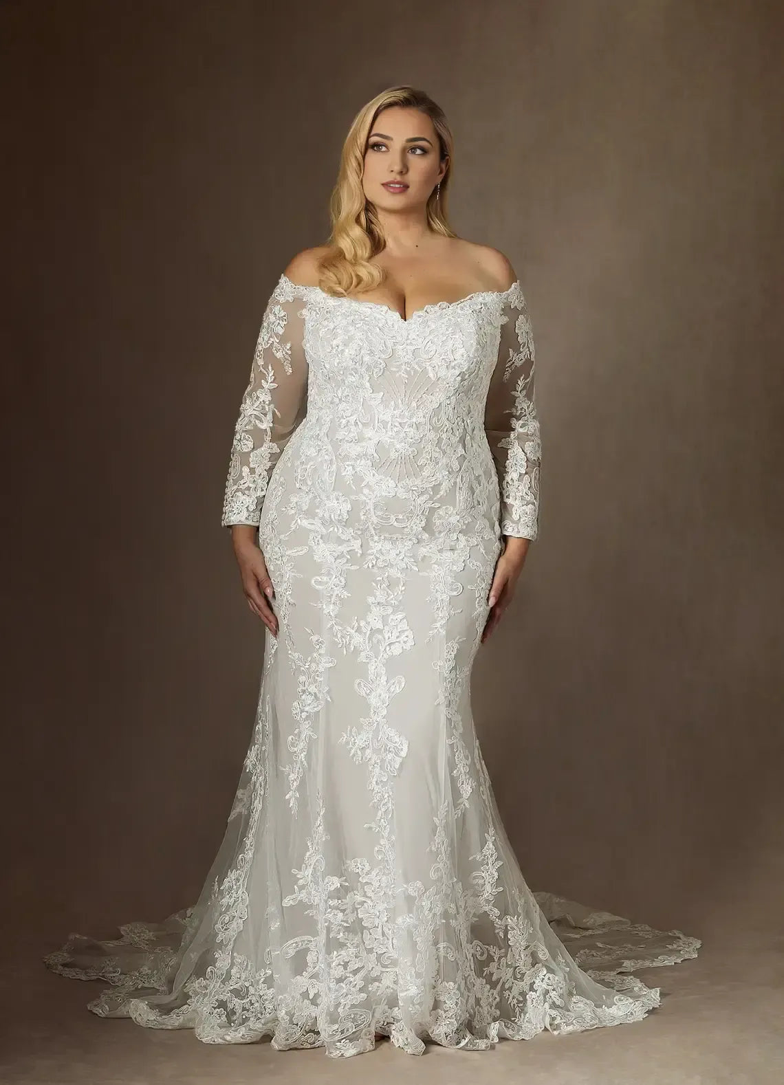 Off The Shoulder Long Sleeve Floral Lace Plus Size Mermaid Wedding Dress With Scalloped Cathedral Train