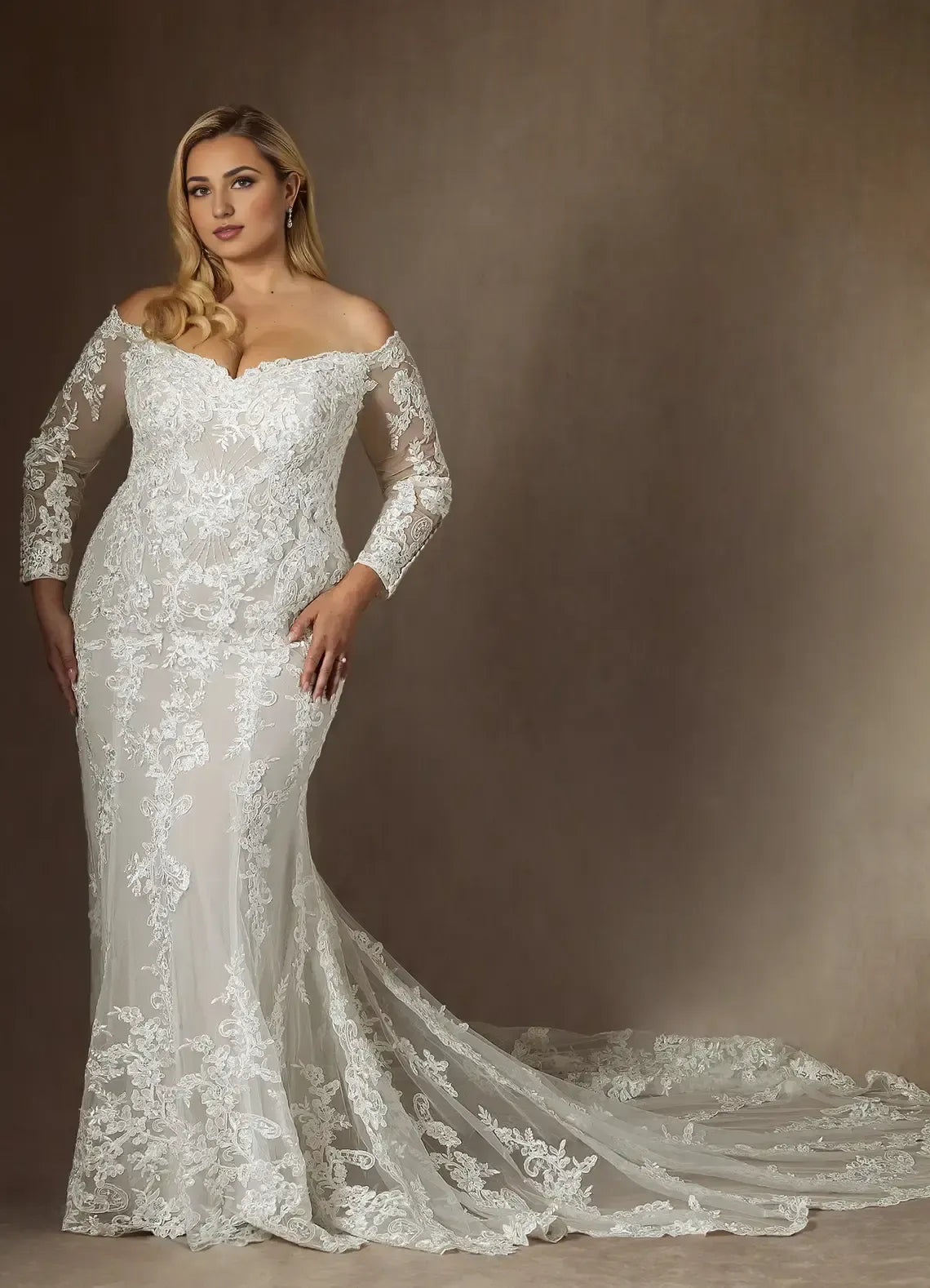 Off The Shoulder Long Sleeve Floral Lace Plus Size Mermaid Wedding Dress With Scalloped Cathedral Train