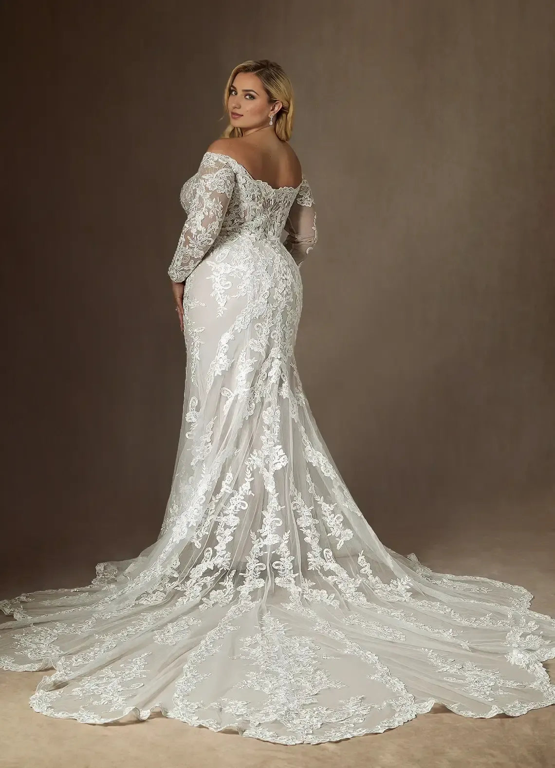 Off The Shoulder Long Sleeve Floral Lace Plus Size Mermaid Wedding Dress With Scalloped Cathedral Train