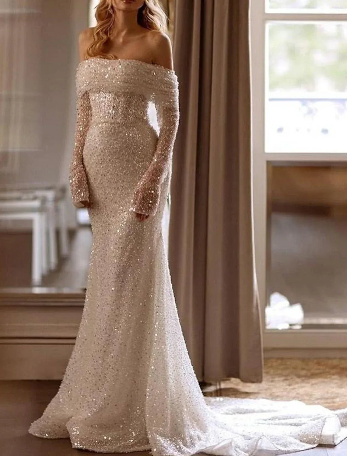 Off The Shoulder Long Sleeve Glitter Mermaid Wedding Dress Folded Neck Sweeping Chapel Train