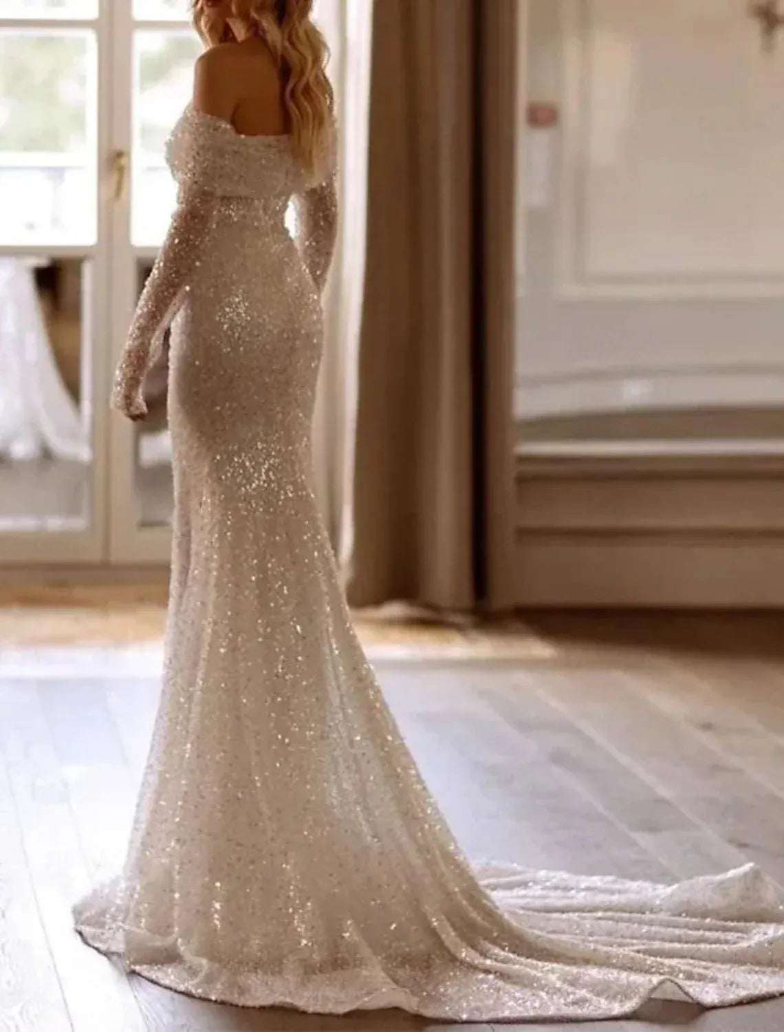 Off The Shoulder Long Sleeve Glitter Mermaid Wedding Dress Folded Neck Sweeping Chapel Train