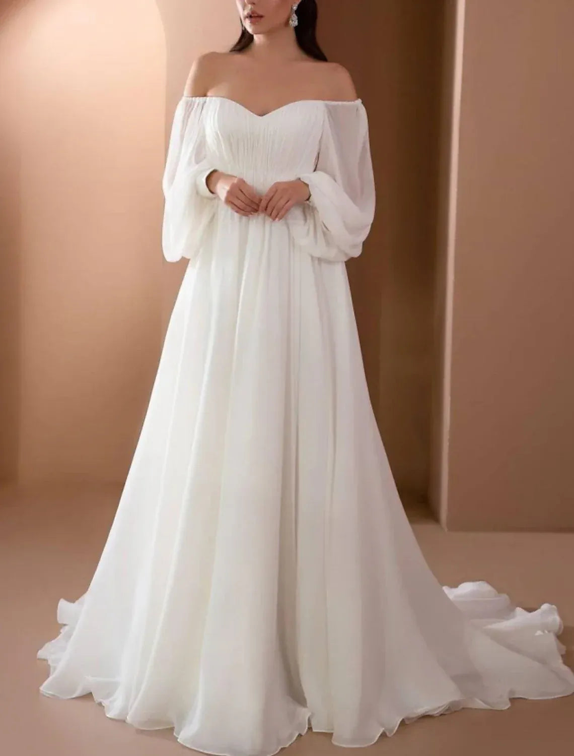 Off The Shoulder Puff Long Sleeve Chiffon A Line Wedding Dress V Back Flowy Chapel Train