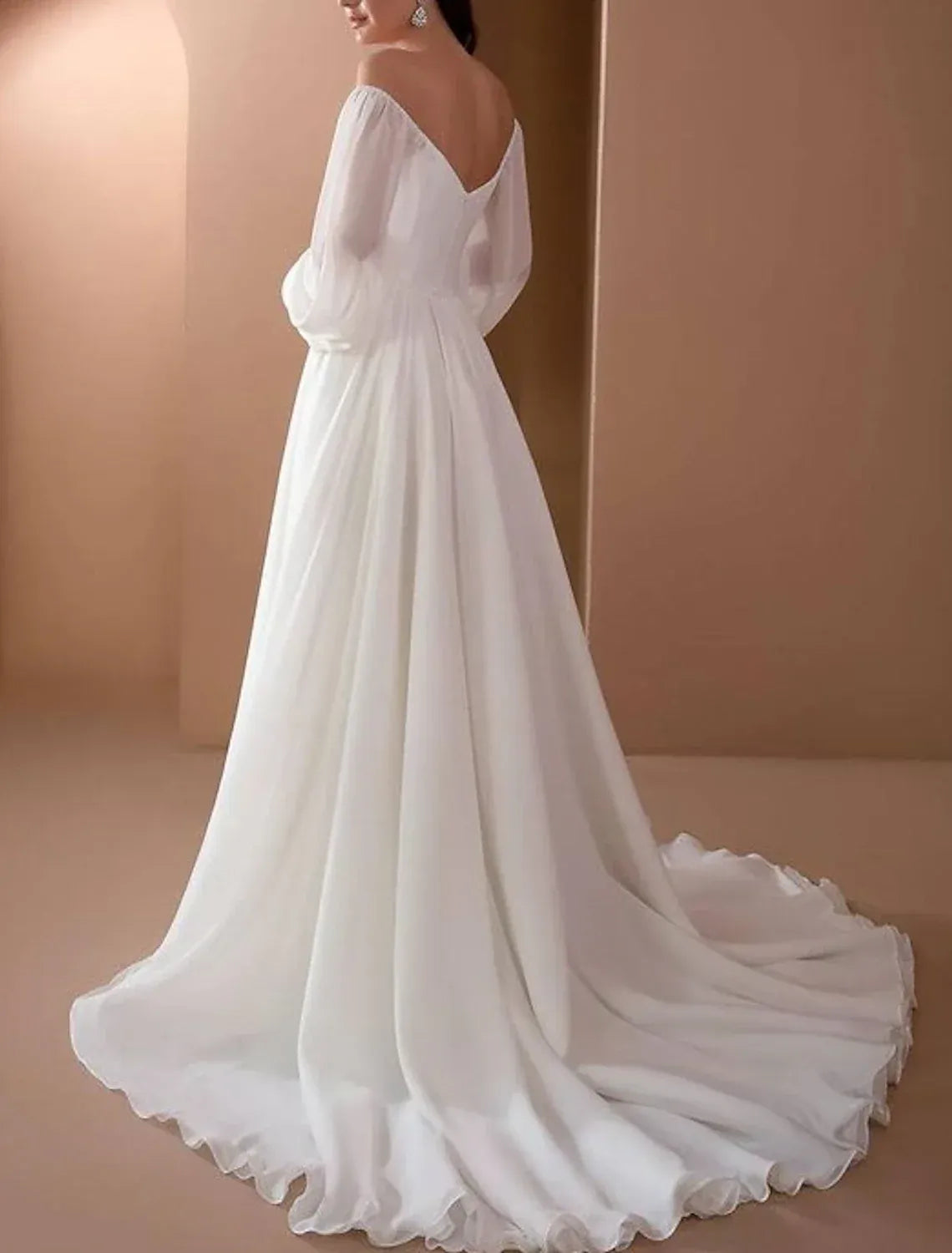 Off The Shoulder Puff Long Sleeve Chiffon A Line Wedding Dress V Back Flowy Chapel Train